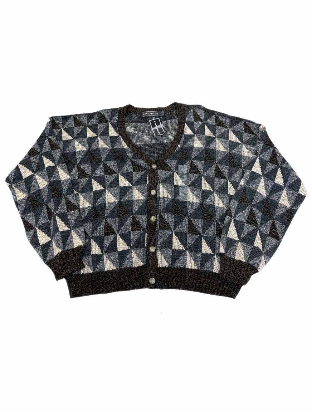 Vintage David Taylor Geometric Triangle Pattern Button-Up Cardigan Sweater